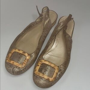 Stuart Weitzman gold animal print Slingback Flats w/ Woven Detail 9.5